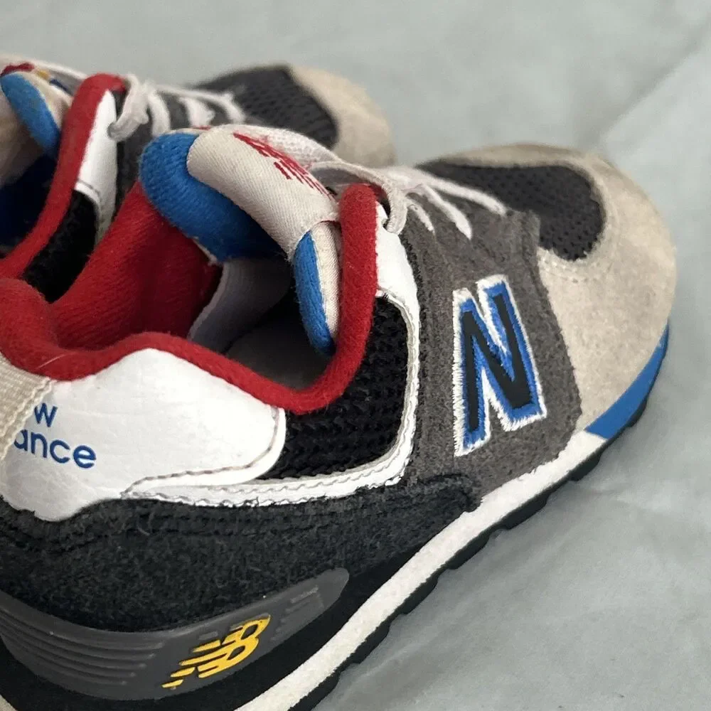 New Balance 574 Bungee Lace Sneakers Grey Blue Red Accent Shoes Sz 8
